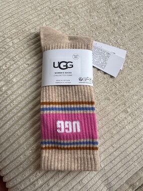 NWT UGG Beige and Pink Ribbed Crew Socks with Striped Logo Band